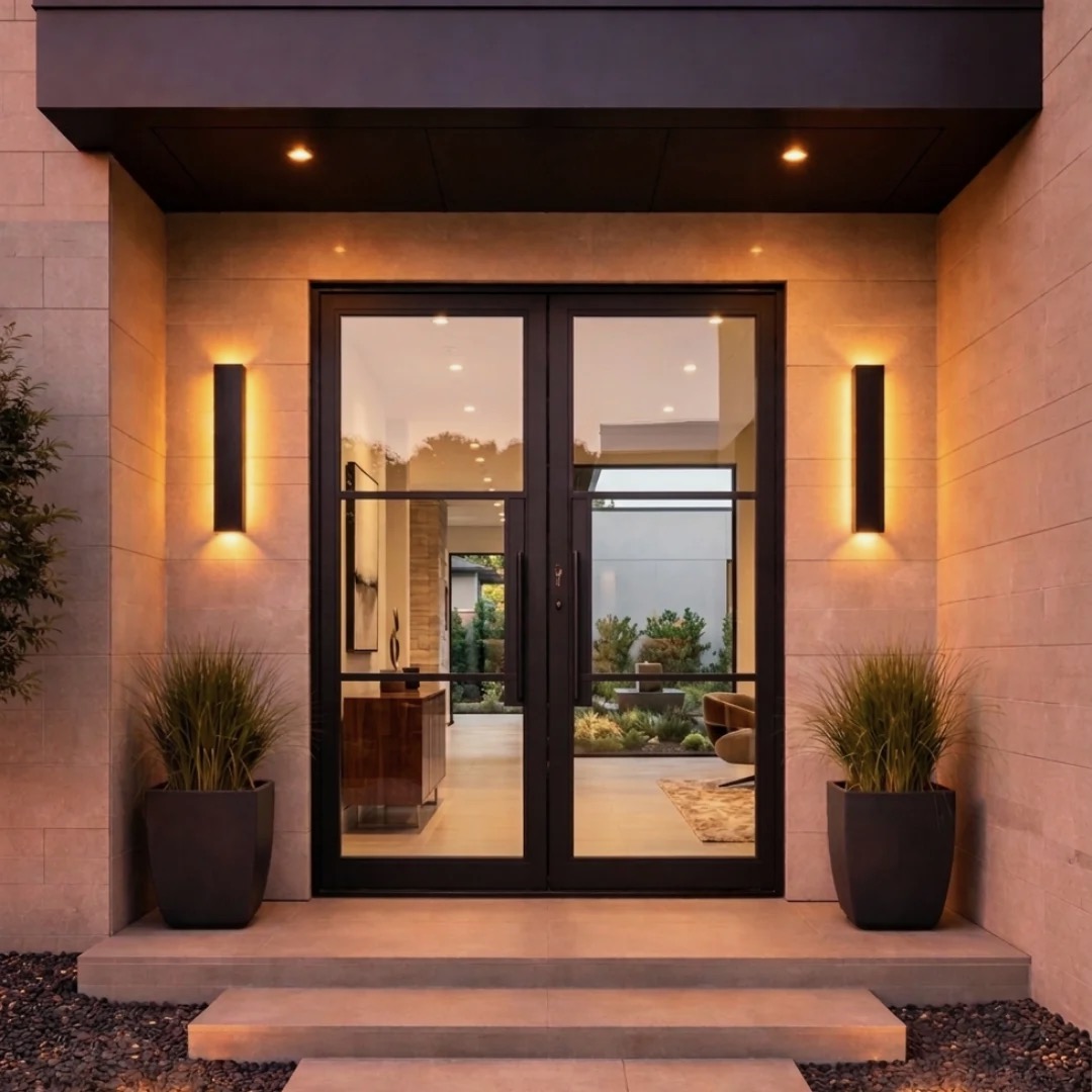 Modern black-framed double front doors on a stone-clad entrance