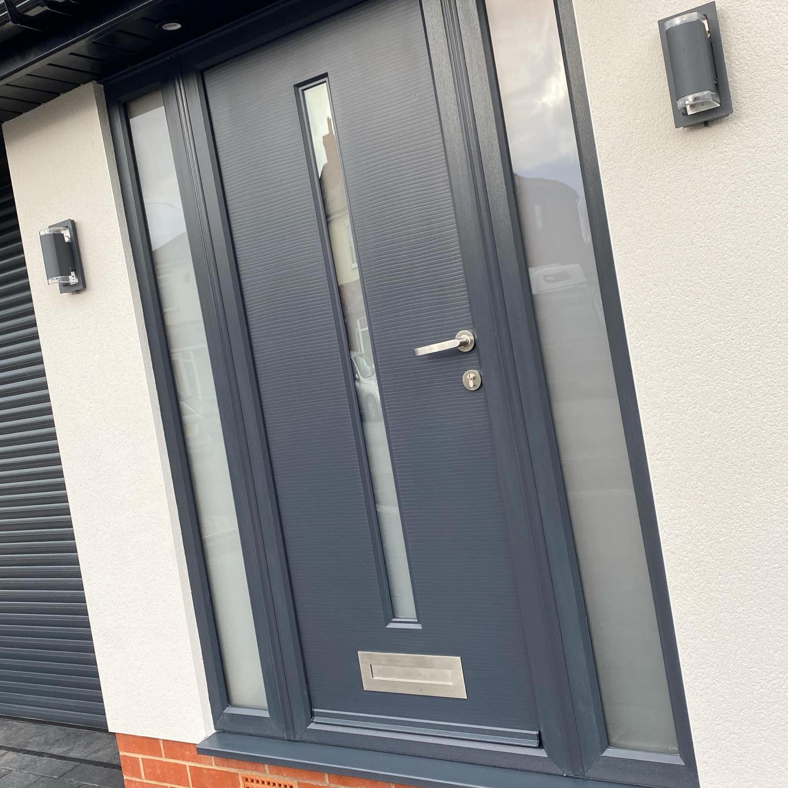 Modern anthracite composite door with narrow sidelights
