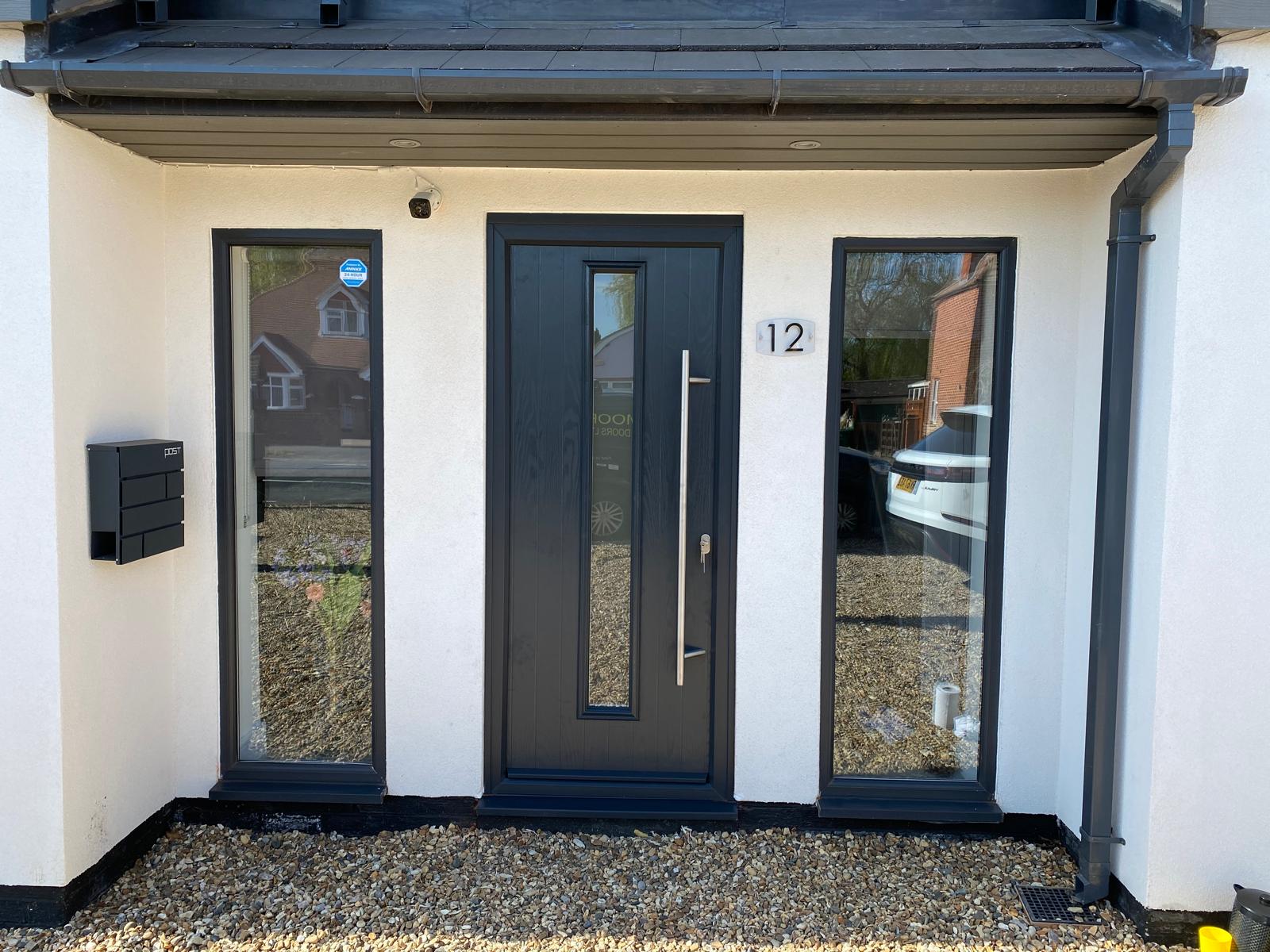 Anthracite composite entrance door with sidelights installed in Aldershot