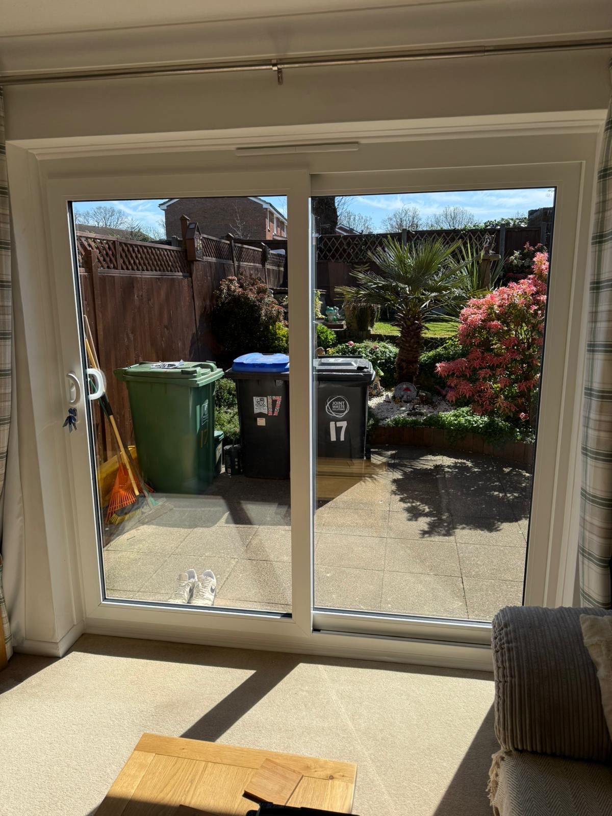 Sliding patio door interior view onto the garden