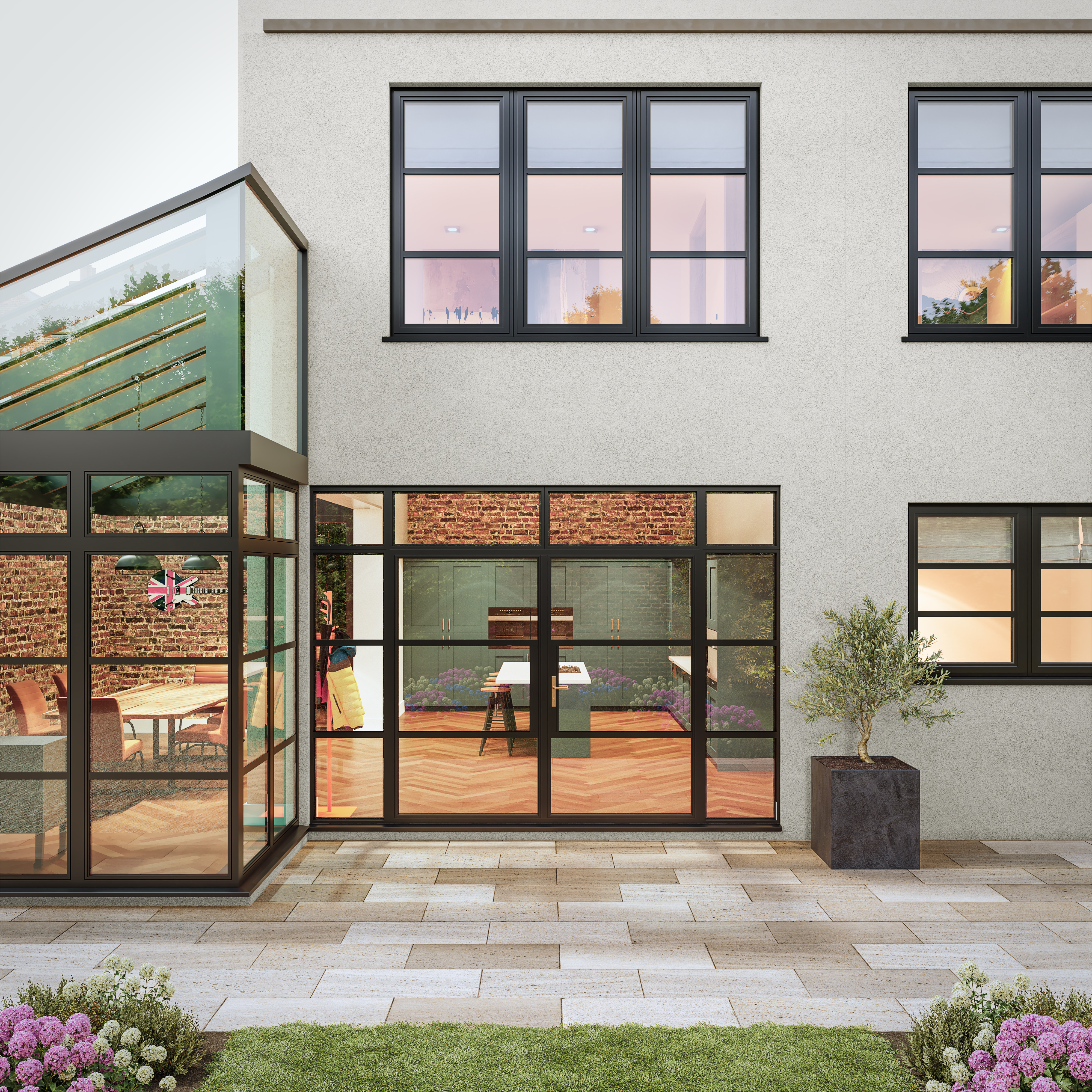 Black aluminium windows and doors on a modern house extension