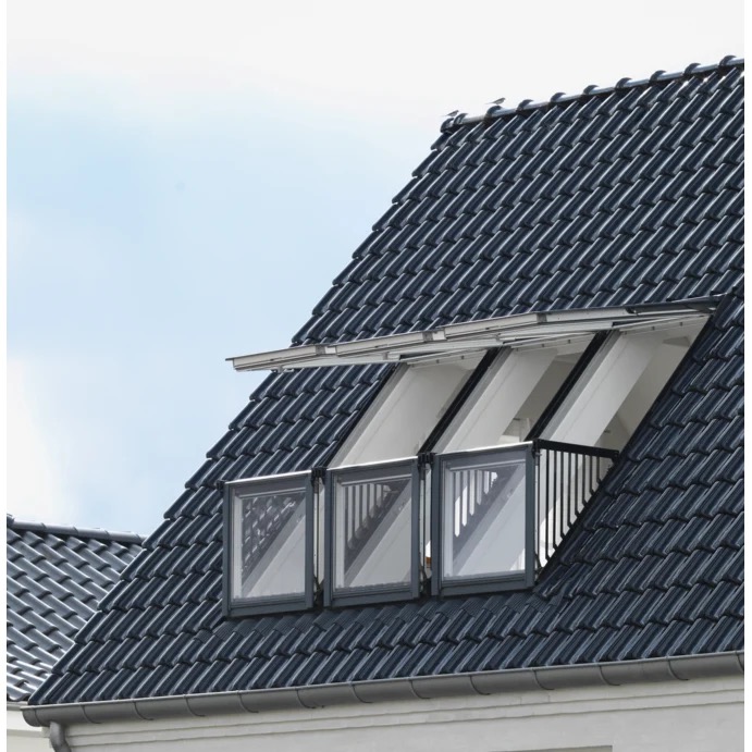 Velux Cabrio balcony roof window open on a tiled roof